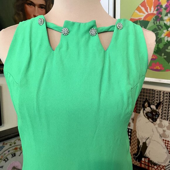 60s Vintage Mod Neon Green Crepe Sleeveless A-Line Mini Dress with Rhinestones S - Picture 5 of 10